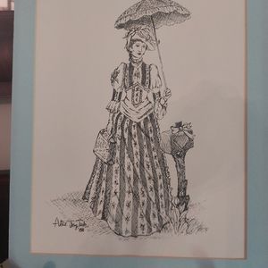 Pen &Ink Drawing of Colonial Woman with Parasol Beside Mailbox Signed &Matted